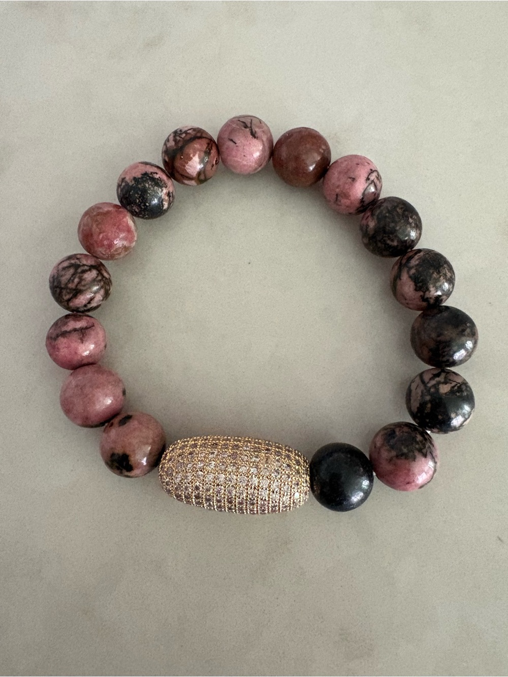 Pink Rhodonite Beaded Stretch Bracelet with Pave Gold Accent